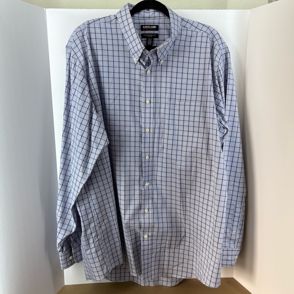 Kirkland Signature Blue Plaid Dress Shirt, Men's Size 18-36/37, Traditional Fit